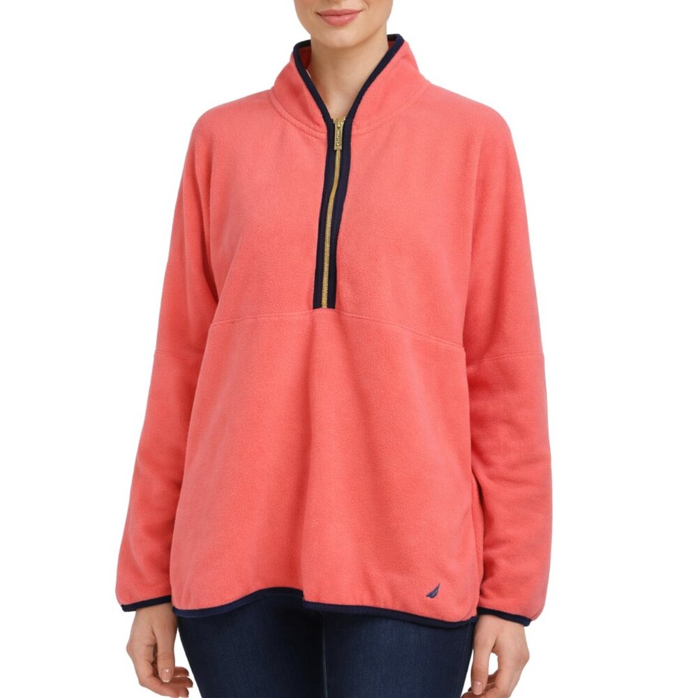 Nautica Women's XL Pink Coral Fleece 1/4 Zip Pullover Sweatshirt Navy Trim